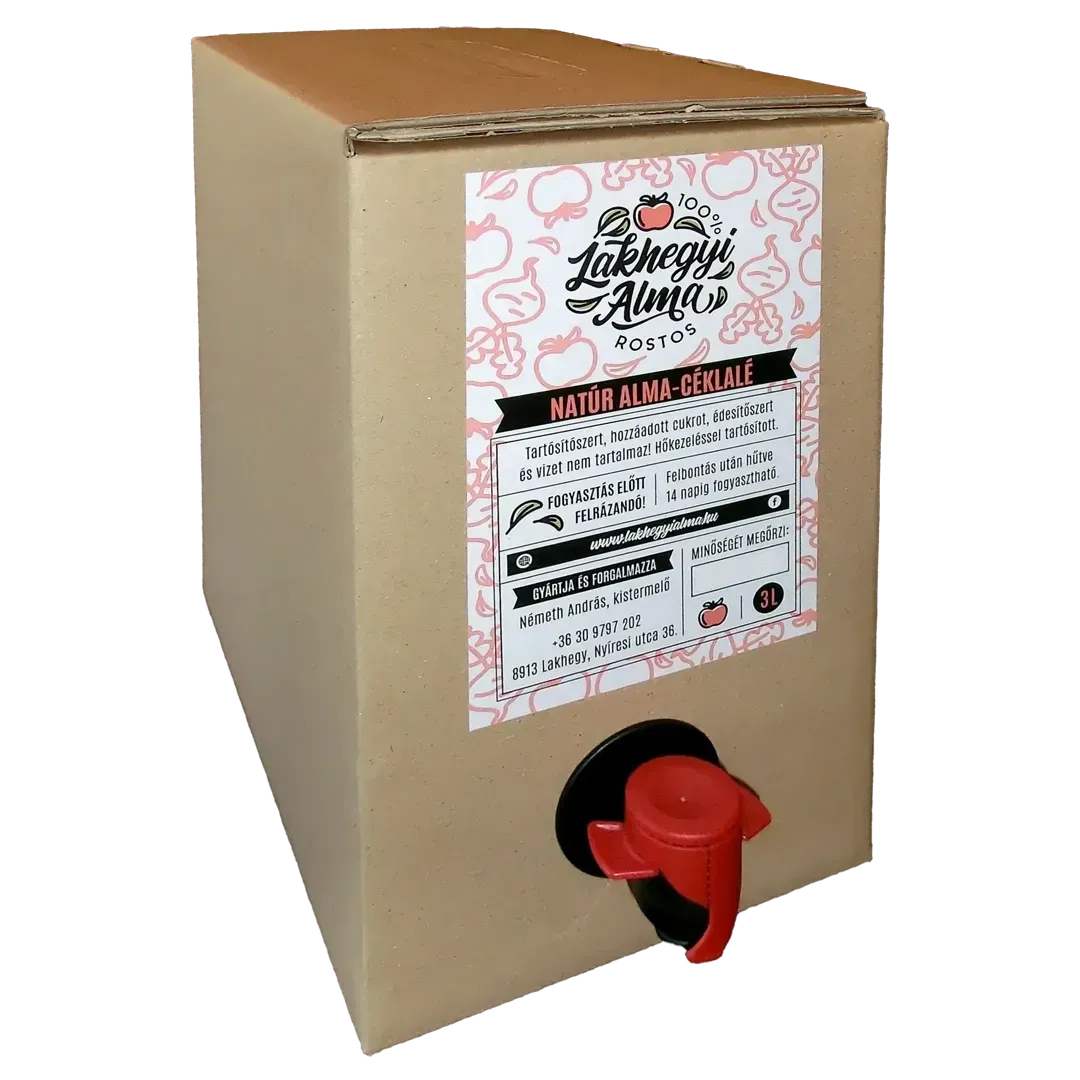 Natúr alma-céklalé 3 literes bag-in-box doboza címkével és piros csappal