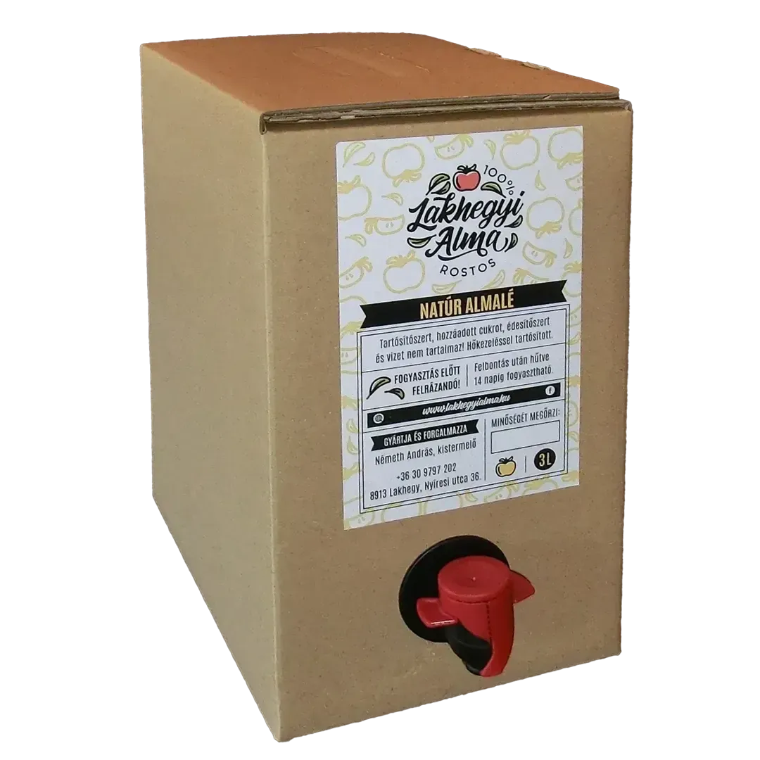 Natúr almalé 3 literes bag-in-box doboza címkével és piros csappal