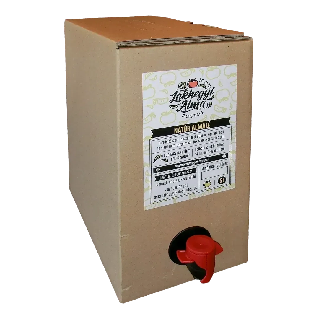 Natúr almalé 5 literes bag-in-box doboza címkével és piros csappal