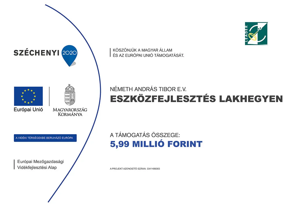 A projekt tájékoztató táblája a Széchenyi 2020, az Európai Unió és a LEADER logójával